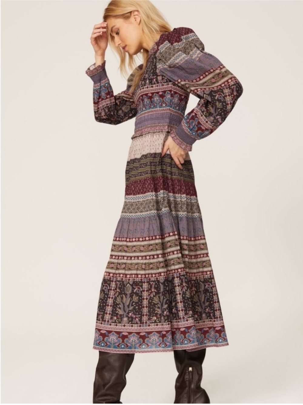 Sea New York 100% cotton Brooke Border Smocked Mixed Print Midi Dress 10 - Picture 4 of 10